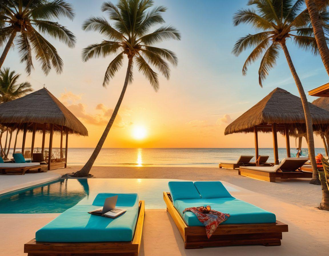 A serene beach with crystal-clear turquoise waters, adorned with exotic palm trees and luxurious beachfront cabanas. Include a personalized travel itinerary elegantly spread out on a plush sun lounger with a stylish cocktail beside it. Envelop the scene in golden sunset hues, evoking a sense of relaxation and exclusivity. Consider an aerial view to capture the vastness of paradise. vibrant colors. super-realistic.