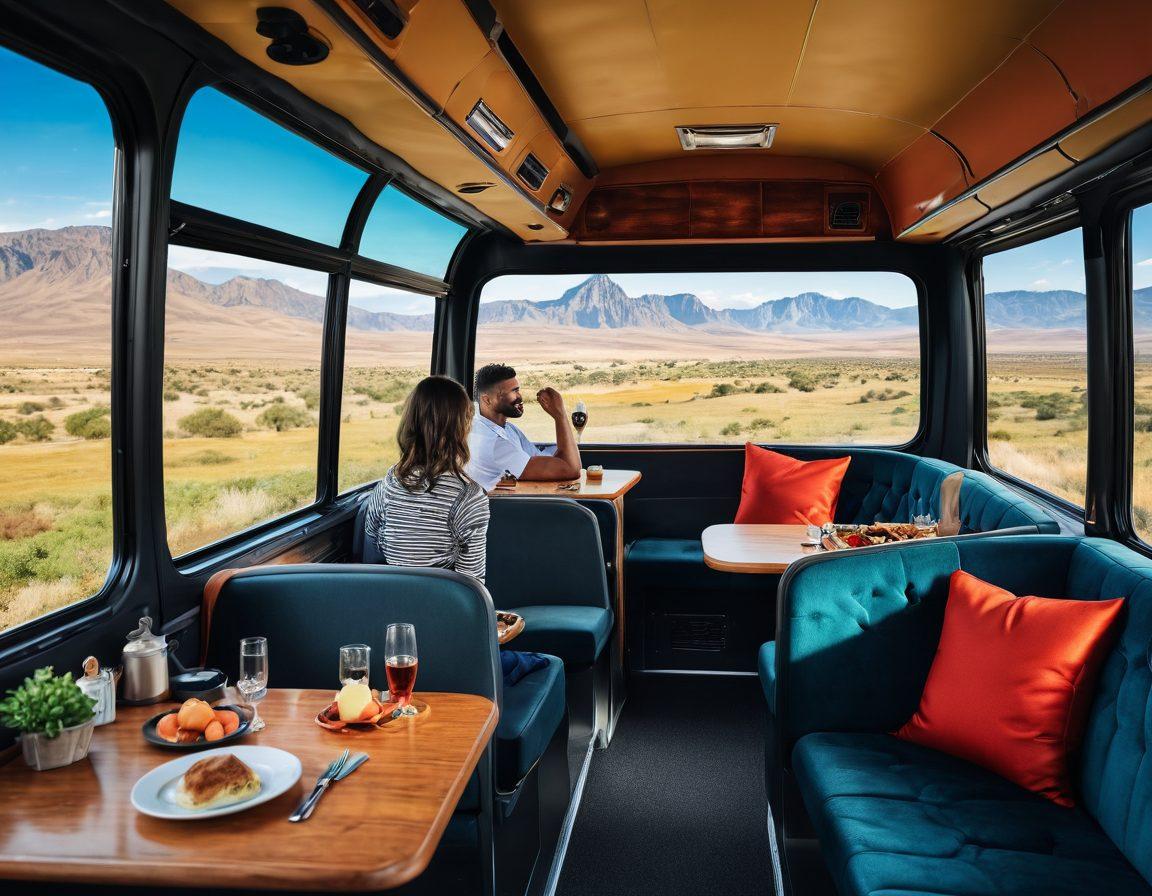 A luxurious travel scene featuring a diverse group of travelers enjoying a scenic view from a beautiful tour bus overlooking a stunning landscape. Include iconic landmarks from different countries in the background and elegant, comfortable travel gear. The atmosphere should convey a sense of adventure and relaxation, with vibrant colors enhancing the beauty of nature. Incorporate elements of fine dining, like gourmet meals being served on the bus. super-realistic. vibrant colors. 3D.