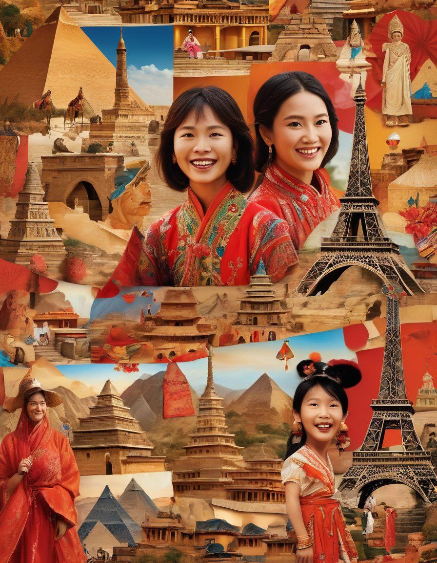 A vibrant collage showcasing diverse cultural landmarks from around the world, such as the Eiffel Tower, Great Wall of China, and pyramids of Egypt, juxtaposed with joyful families exploring these sites, capturing moments of laughter and connection. Include elements like traditional clothing and cultural festivals to reflect the richness of experiences. super-realistic. vibrant colors. 3D.